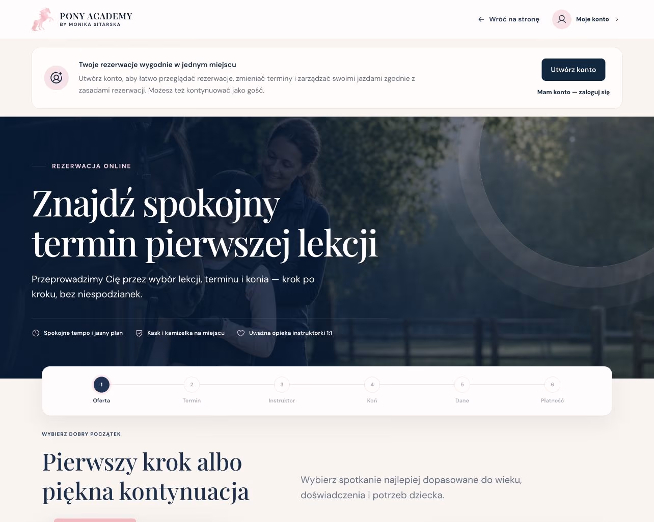 Początek rezerwacji Pony Academy z opcjonalnym kontem klienta i sześcioma etapami procesu