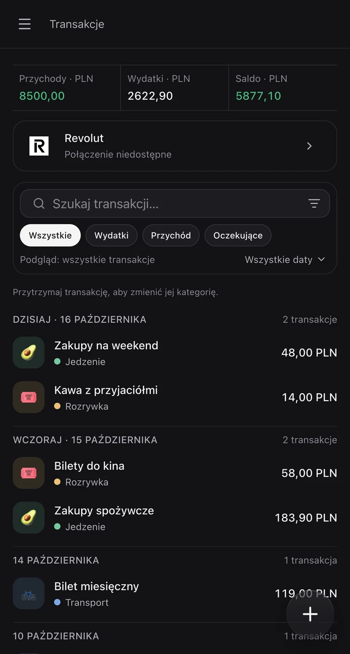Ciemny ekran Saldo: lista transakcji z kategoriami i wyszukiwarką